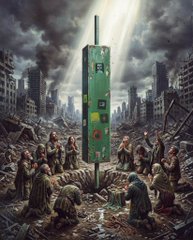 A surreal painting showing people kneeling and praying around a tall green monolith in a post-apocalyptic, ruined city under dark, cloudy skies with a beam of light shining down on the structure.