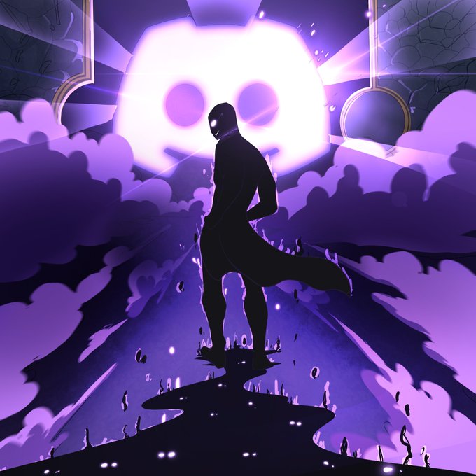 A dark silhouetted figure wearing a cape stands beneath a large glowing purple skull with pink eyes, surrounded by purple clouds.