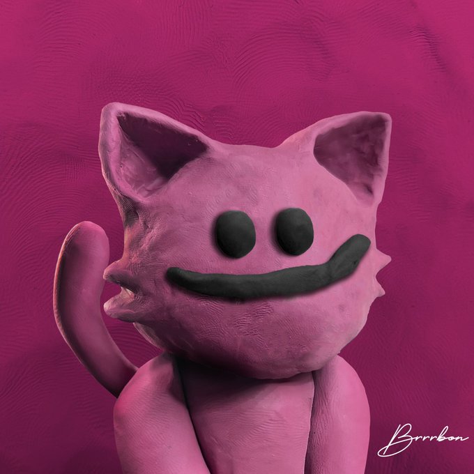 A 3D-rendered pink cat-like character with a wide smile and oval eyes against a magenta background, signed 'Brrrbon' in the bottom right corner.