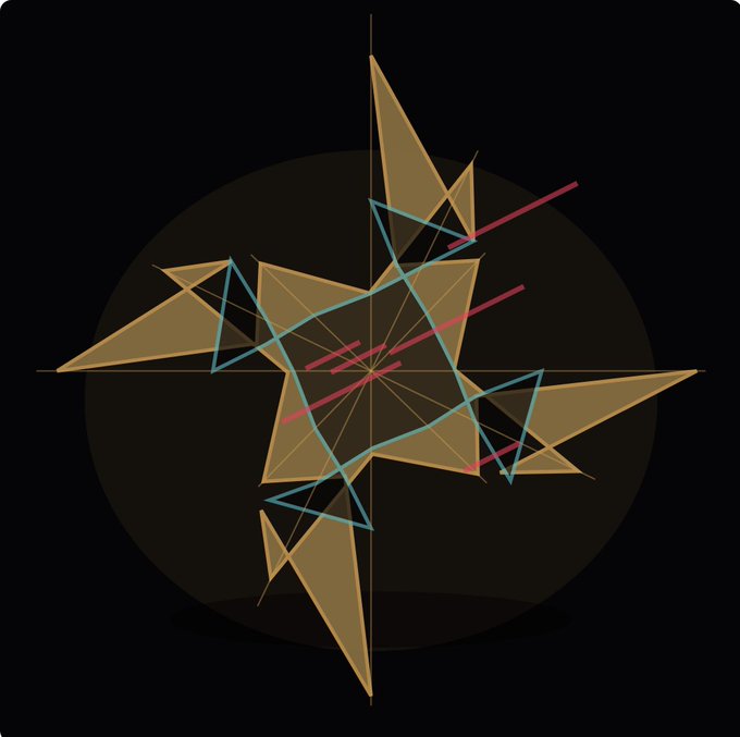 An abstract digital illustration featuring a glowing orange star with cyan and red geometric lines radiating from its center against a dark background.