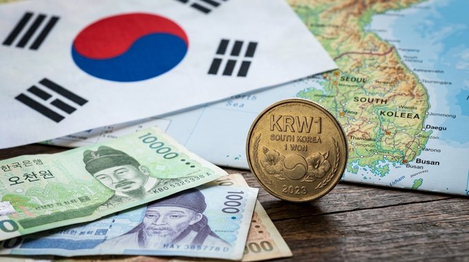 South Korean won banknotes and a 1 KRW coin from 2023 rest on a wooden surface alongside the South Korean flag and a map showing Seoul and Busan.