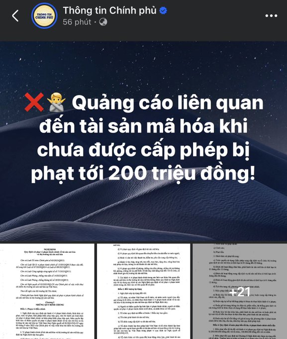 A Vietnamese government announcement from 'Thông tin Chính phủ' warning about penalties up to 200 million VND for unauthorized crypto asset advertising related to aircraft digital assets.