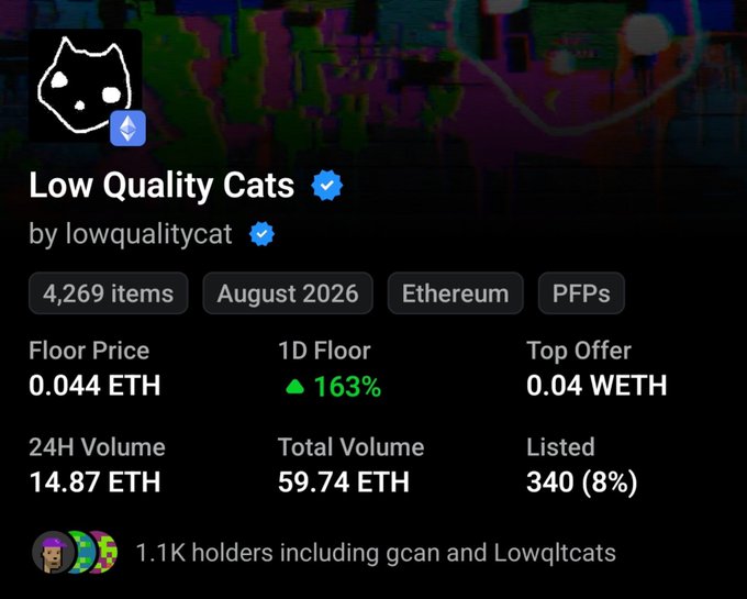 OpenSea listing page for the 'Low Quality Cats' NFT collection by lowqualitycat, showing 4,269 items on Ethereum with a floor price of 0.044 ETH and a 1D floor increase of 163%.