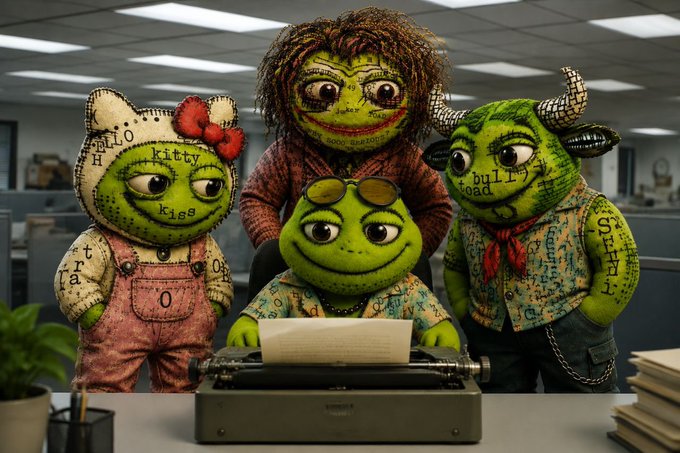 A detailed diorama or sculpture featuring four quirky, plush-like monster characters with stitched features and handwritten text (including 'Hello Kitty', 'bully', and 'shrun') standing around a typewriter in an office setting.
