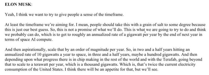A text excerpt headed 'ELON MUSK:' discussing SpaceX AI compute goals, mentioning annualized rates of gigawatts and terawatts for AI chip compute.