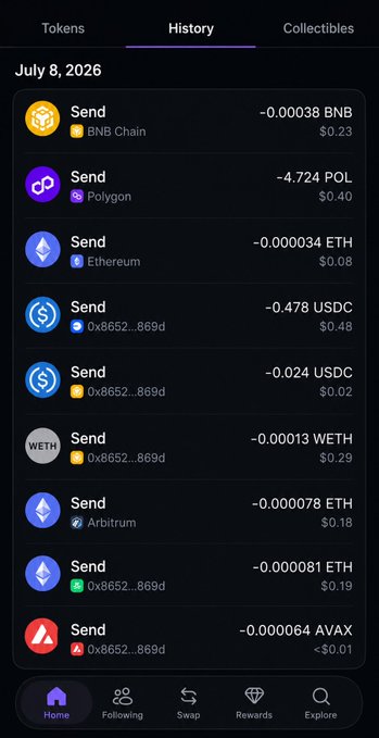 A crypto transaction history screen dated July 8, 2026, showing multiple 'Send' transactions across BNB Chain, Polygon, Ethereum, USDC, WETH, Arbitrum, and AVAX.