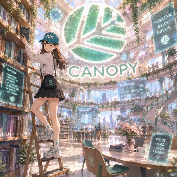 An anime-style illustration of a girl wearing an OOK cap standing on a ladder in a grand library with a glowing green CANOPY logo and text 'KNOWLEDGE BUILDS FUTURES'.