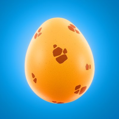 A digital illustration of a yellow egg decorated with brown animal paw prints set against a bright blue background.