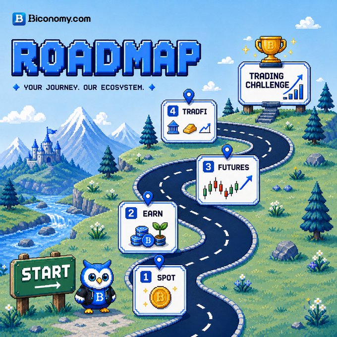 A pixel-art style 'ROADMAP' graphic for Biconomy.com, showing a winding road with milestones for 'SPOT', 'EARN', 'FUTURES', and 'TRADFI', leading to a 'TRADING CHALLENGE' trophy, with a cartoon owl mascot at the 'START' sign.