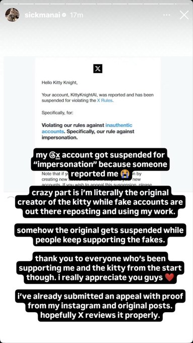 A screenshot of an Instagram story by 'sickmanai' discussing a suspended account ('KittyKnightAl'), noting that the original creator's account was suspended for 'impersonation' due to false reports from copycat accounts.