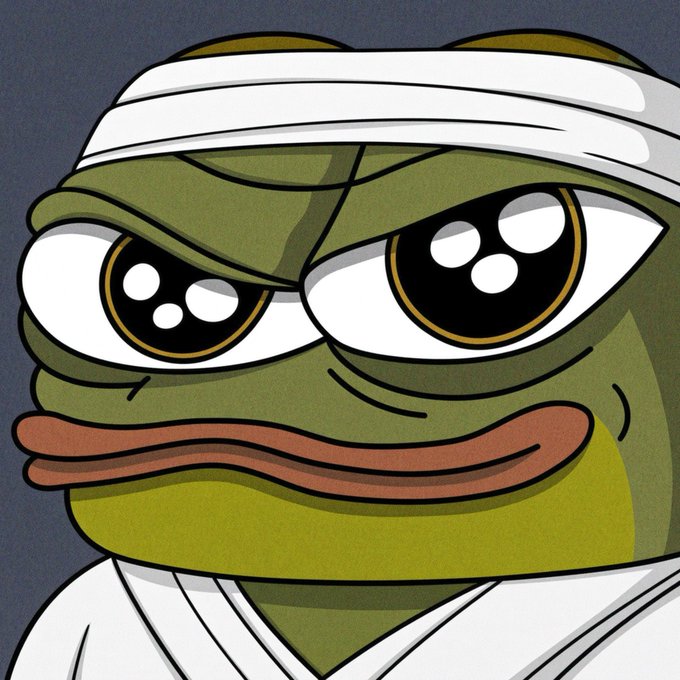 A close-up illustration of a sad-looking Pepe the Frog character with large, teary eyes wearing a white bandage or turban.