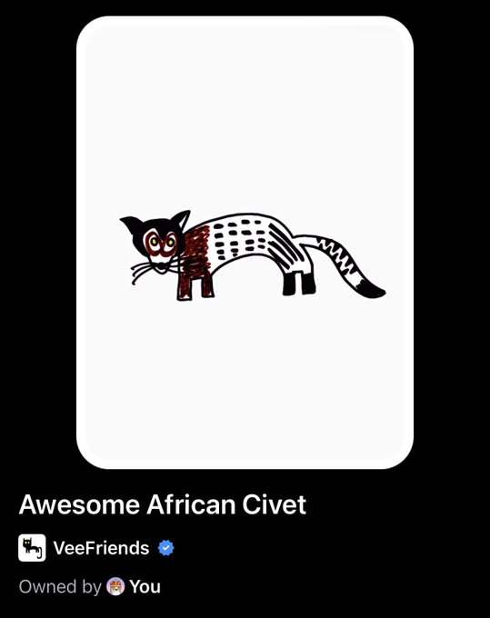 A digital collectible NFT card displaying an illustration of an "Awesome African Civet" from VeeFriends, marked as "Owned by You."