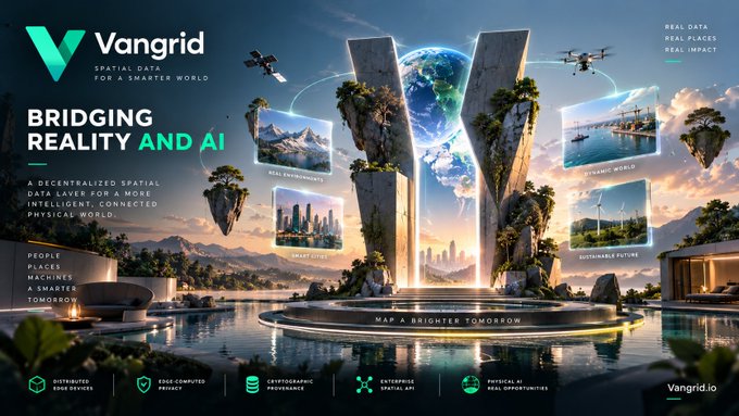 A promotional banner for 'Vangrid' with the text 'BRIDGING REALITY AND AI', showcasing a futuristic, utopian landscape with floating islands, a large 'V' monument, and drones, emphasizing themes like 'REAL DATA' and 'SUSTAINABLE FUTURE'.