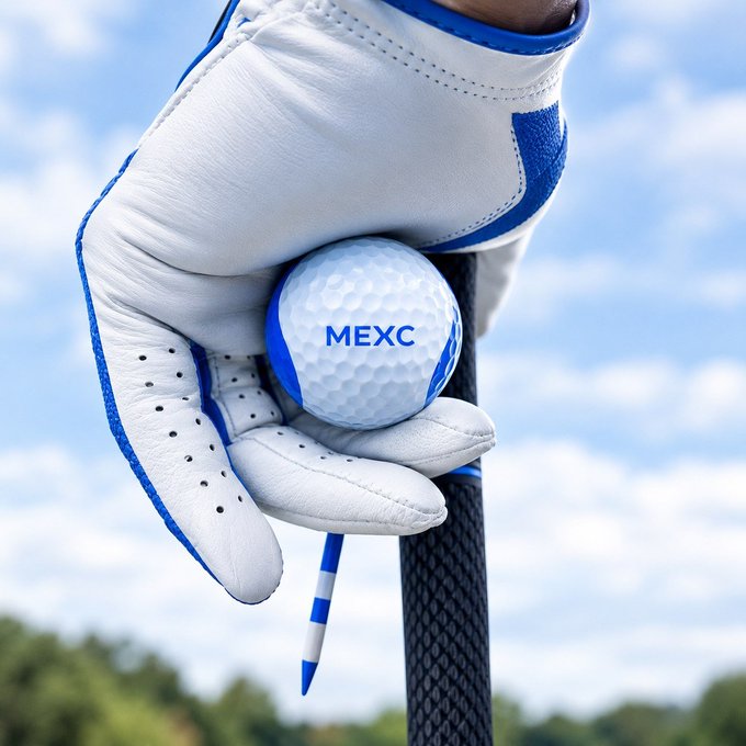 A promotional image showing a hand wearing a white and blue golf glove holding a golf ball printed with the 'MEXC' logo and a blue tee, against a sky background.