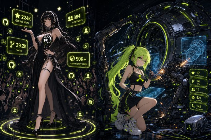 Anime-style illustration featuring two cyberpunk women displaying GitHub stats, with text showing '224K GitHub stars', '384 contributors', '39.2K forks', and '90K+ community skills'.
