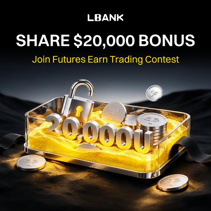 This is an LBANK promotional graphic featuring a transparent tray filled with gold sand and silver coins, displaying the text "SHARE $20,000 BONUS" and "Join Futures Earn Trading Contest." A golden padlock rests among the coins, reinforcing the trading contest's promise of unlocking bonus rewards for participants who complete Futures trades and build trading volume.