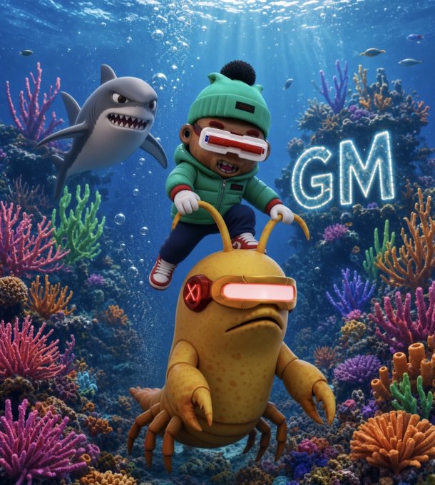 A 3D-rendered underwater scene featuring a cartoon character wearing a green hoodie and futuristic goggles riding a yellow creature, with a shark nearby and the letters 'GM' floating among colorful coral.