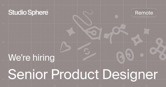 A job posting graphic reading 'Studio Sphere We're hiring Senior Product Designer Remote' with abstract decorative icons on a gray grid background.