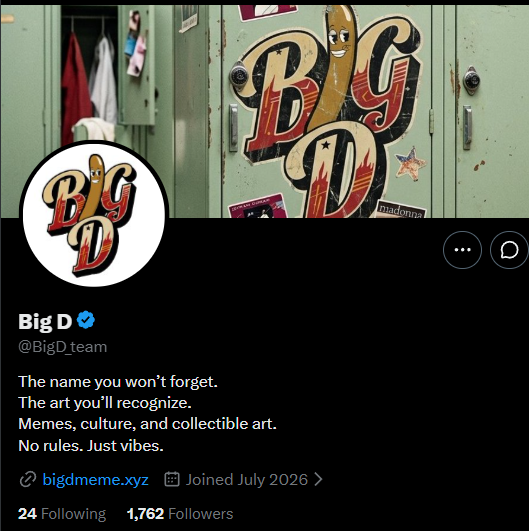 A Twitter/X profile for the verified account "Big D" (@BigD_team) featuring a stylized "Big D" banana character logo displayed on lockers, with the account branding itself as "The name you won't forget" and promoting meme culture collectibles, including 6,969 NFT supply, bigdmeme.xyz, and $BIGD holder rewards.