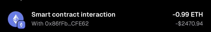 The image shows a transaction record for "Smart contract interaction" with address "0x86Fb...CFE62" costing **-0.99 ETH** (approximately **-$2,470.94**), which corresponds to the poster's entry into the OriginalBlokyz NFT raffle mentioned in the accompanying post.