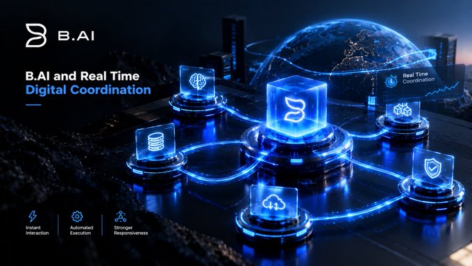 A promotional graphic for 'B.AI and Real Time Digital Coordination' features glowing blue holographic cubes displaying various icons connected by light beams, with a city skyline and globe in the background.