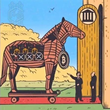 An illustration in the style of a Trojan horse, where the wooden horse contains digital X (formerly Twitter) logos and a Bitcoin (₿) medallion, while two men in suits stand before it. The post "I think... B X" appears to reference Bitcoin and X (the social media platform rebranded from Twitter), suggesting the horse symbolizes these digital assets being "trojan-horsed" into traditional finance or institutions.