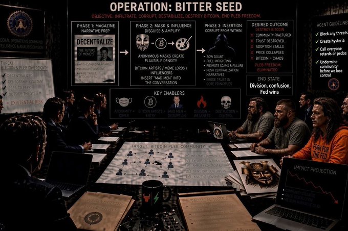 A clandestine group of masked figures in orange and dark clothing gather around a tactical war room table beneath a slide titled "OPERATION: BITTER SEED," detailing a multi-phase plan to "INFILTRATE, CORRUPT, DESTABILIZE, DESTROY BITCOIN, END PLEB FREEDOM" through Bitcoin Pleb community targets and threats like "DECENTRALIZE, EDITORSHIP RESTAT, KILL THE FED, OUTSIDE THE SYSTEM, EXISTENTIAL RISK." The image satirically visualizes the caption's playful conspiracy framing of investigating "money maximalism," BIP110, Timechain Magazine, and Bitcoin pleb dynamics as if it were a covert operation.