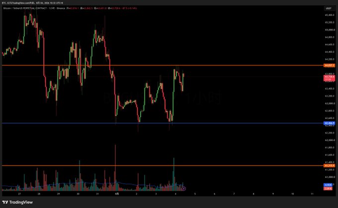 A TradingView chart for BTC.USD on Binance Perpetual Contract showing a candlestick price chart with volume bars at the bottom, dated from May 25 to June 8, 2024, displayed on a dark background.