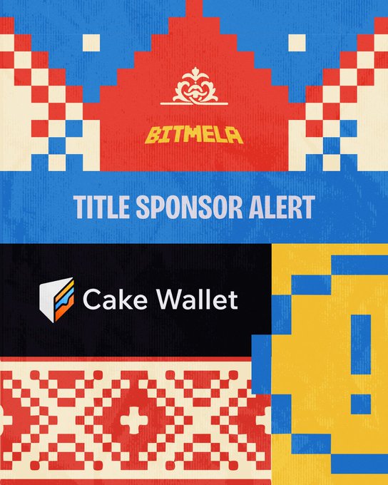 A promotional graphic features a pixel-art design in red, blue, and cream with the text 'BITMELA', 'TITLE SPONSOR ALERT', and the 'Cake Wallet' logo on a black banner.