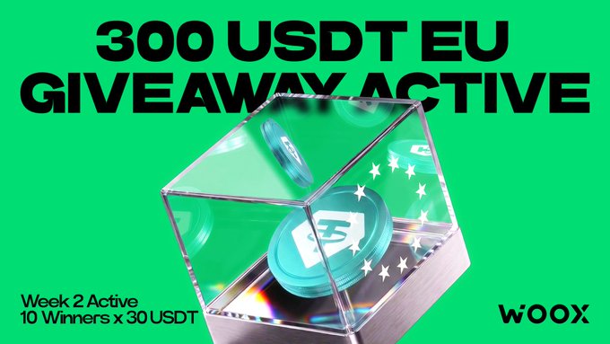 A green promotional banner advertising a '300 USDT EU GIVEAWAY - ACTIVE' from WOOX, with details 'Week 2 Active, 10 Winners x 30 USDT' and showing USDT tokens in a glass box.