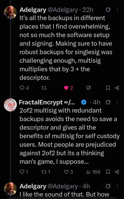 A screenshot of an X (formerly Twitter) thread discussing multisig bitcoin wallets, with users 'Adelgary' (@Adelgary) and 'FractalEncrypt' debating 2of2 multisig configurations and backups.