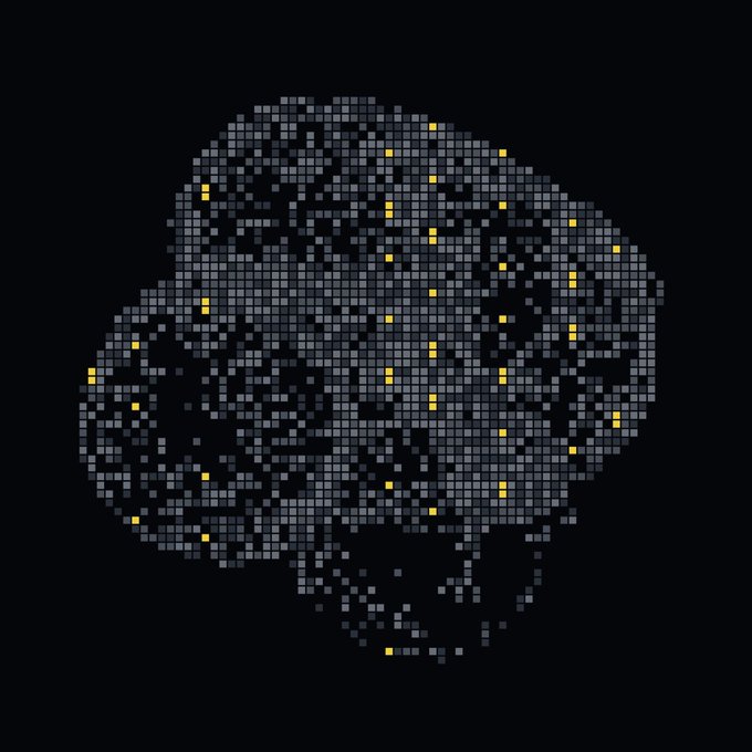 A digital graphic depicts a brain formed from scattered gray and blue square pixels, with bright yellow glowing dots distributed across its structure against a dark background.