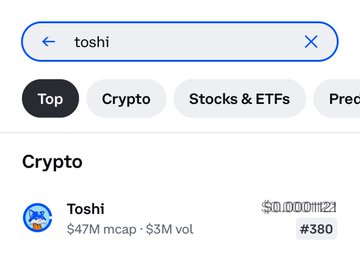 A mobile search interface displays results for 'toshi', showing a cryptocurrency listing with a $47M mcap, $3M vol, and a price of $0.00001121, ranked #380.