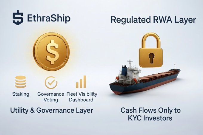 An infographic for EthraShip displaying a 'Regulated RWA Layer' with a gold padlock and cargo ship, alongside a 'Utility & Governance Layer' featuring icons for Staking, Governance Voting, and a Fleet Visibility Dashboard.