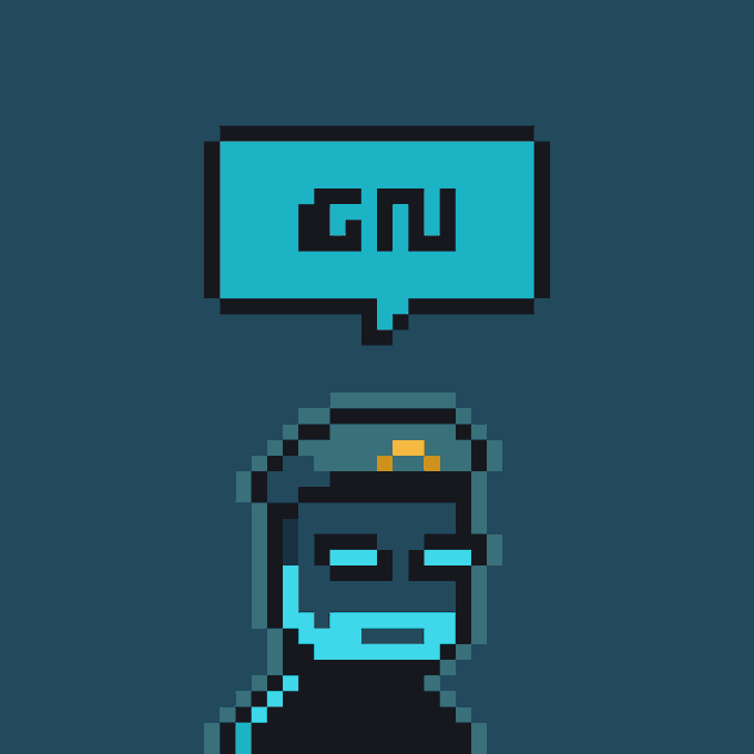 A pixel-art character with a blue face and hood, with a speech bubble above reading "GNU," referencing the GNU operating system/free software movement.