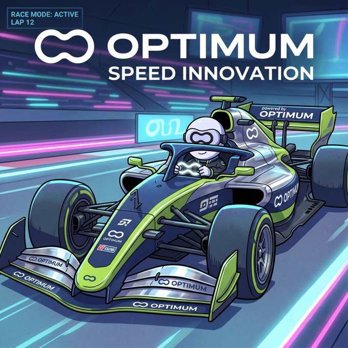 A vibrant illustration of a futuristic race car driven by a robotic character, promoting "OPTIMUM SPEED INNOVATION" with "RACE MODE: ACTIVE LAP 12" displayed in the corner.