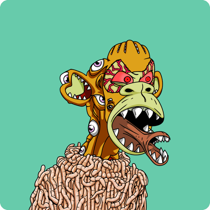 A bizarre cartoon creature with multiple eyes, a long snout, and sharp teeth emerges from a pile of worms against a teal background.