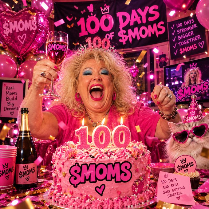 AI-generated image of a woman celebrating '100 Days of $MOMS' with a pink birthday cake reading '$MOMS', surrounded by pink balloons and a cat wearing heart-shaped sunglasses.