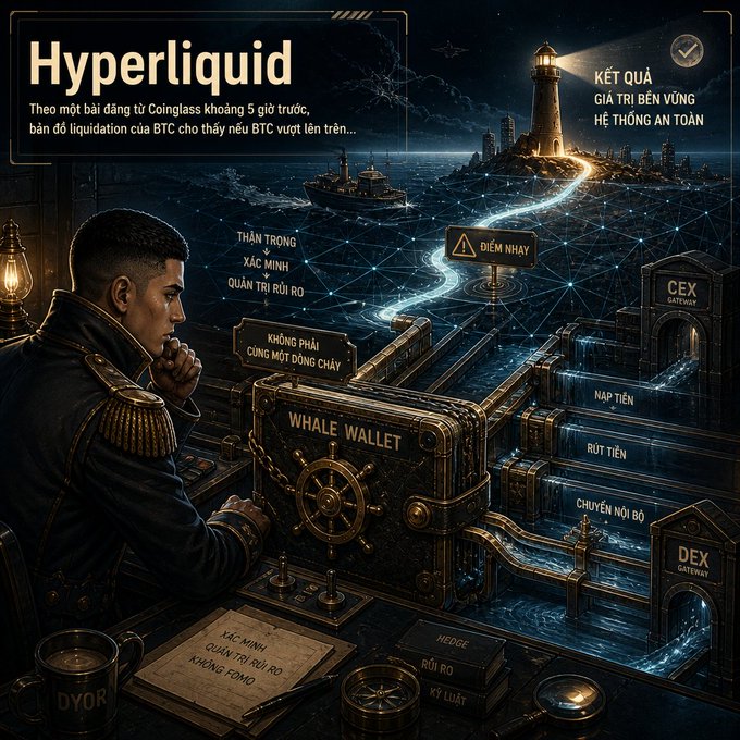 A complex infographic with the title 'Hyperliquid' featuring a man in a naval uniform looking at a digital landscape with a 'WHALE WALLET' safe and text in Vietnamese discussing BTC liquidation and market risks.