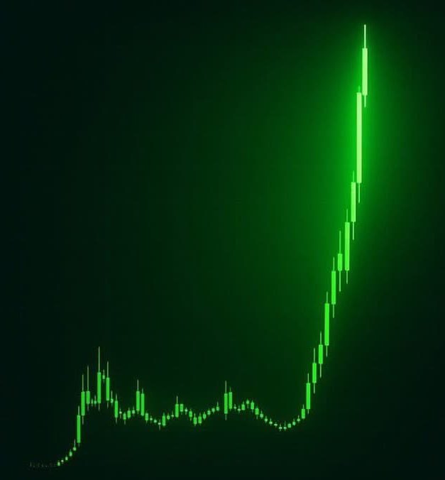 A glowing green candlestick chart shows a dramatic parabolic spike on a dark background, illustrating a classic "hockey stick" surge in price. The image conveys massive bullish momentum without displaying any specific ticker symbol, leaving the stock identity to speculation.