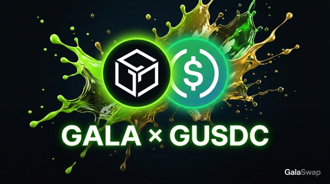 The image shows a green and black rectangular graphic with a dollar sign and a green triangle logo that says "GALA X GUSDC" above it, with green splatters below. The text in the image states that this graphic is part of a spotlight for the swap pool GalaSwap. It appears to be an advertisement for trading pairs where you can earn from transaction fees by facilitating swaps between two pools: GALA and GUSDC. However, there are also risks associated with impermanent loss when using these pools or similar pools in general.