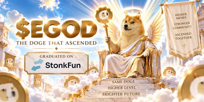Promotional banner featuring a Shiba Inu dressed as an angel holding a staff, with text '$EGOD - THE DOGE THAT ASCENDED', 'Graduated on StonkFun', and 'Same Doge, Higher Level, Brighter Future'.