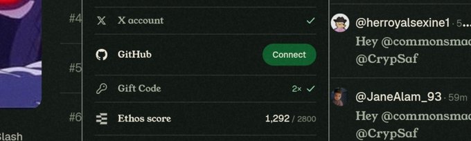 The image shows a profile interface with options to link an X account, connect GitHub, and includes a "Gift Code" field marked "2x" with a checkmark, along with an "Ethos score" of 1,292/2,800, visually demonstrating the steps needed to boost a Commons Made base score by applying the "love" gift code.