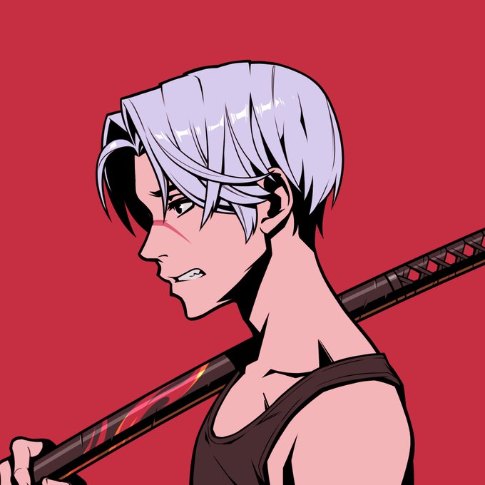 An anime-style illustration of a young man with silver hair and a scratch on his cheek, carrying a large sword over his shoulder against a solid red background.