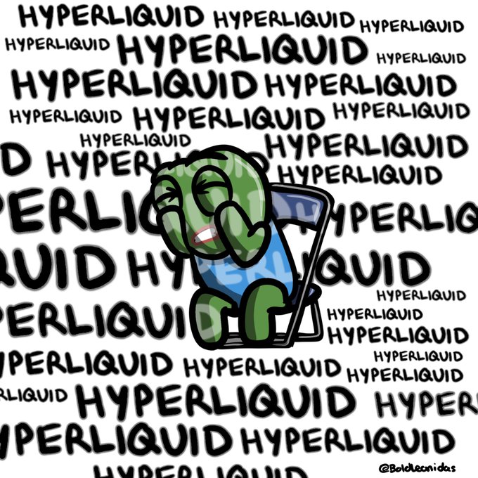 A Pepe-style meme illustration of a green character sitting in a chair, surrounded by the word 'HYPERLIQUID' repeated in black text on a white background.