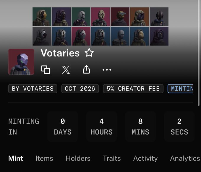 A dark NFT-style collection page titled “Votaries” shows multiple character thumbnails, creator “BY VOTARIES,” “OCT 2026,” “5% CREATOR FEE,” a partially visible “MINTING” button, and a countdown reading “4 DAYS 8 HOURS 2 MINS SECS.”