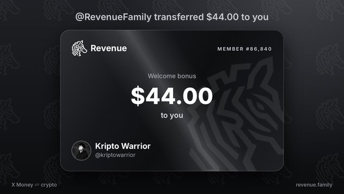 The image shows a Revenue app notification displaying a $44.00 welcome bonus transferred from @RevenueFamily to user "Kripto Warrior" (@kriptowarrior), Member #86,840. The accompanying post celebrates receiving the free $44 and promotes the Solana token contract "CuP5Ng85HiCdHiKnc9pKe9MVEVkJDHmMsyEvbXHopump," tying the bonus win to a potential meme coin pump opportunity.