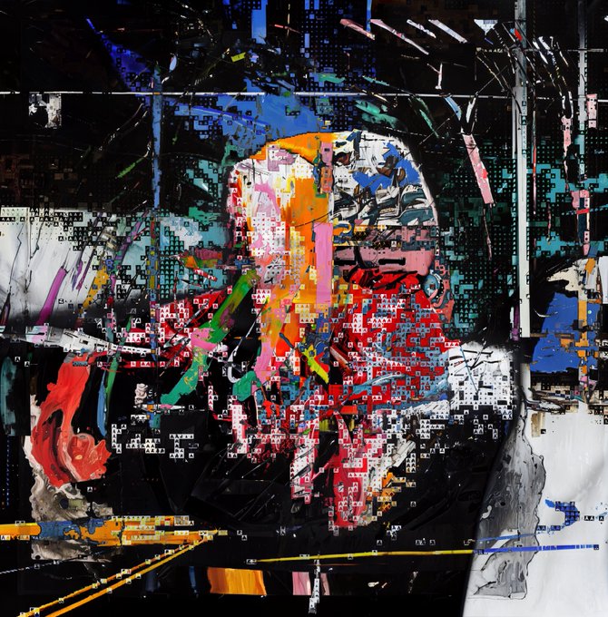 The image is an abstract, chaotic digital artwork featuring a colorful, fragmented figure rendered in pixelated blocks, splashes of red, blue, yellow, and green paint, and intersecting lines against a dark background—evoking the "motivated delusions" concept through its glitchy, disorienting composition. No text, numbers, or tickers are visible in the image itself, leaving the visual to fully embody the post's theme.