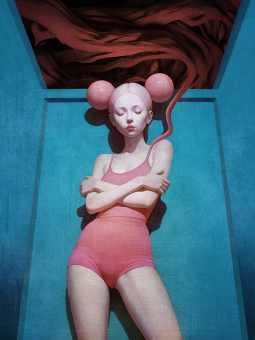 A surreal painting of a pale woman with pink hair buns in a pink swimsuit, arms crossed, set against a blue wall beneath swirling red smoke.