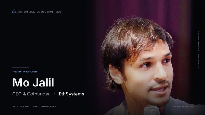 A speaker announcement graphic for the Ethereum Institutional Summit 2026 featuring Mo Jalil, CEO & Cofounder of EthSystems, dated SEP 25, 2026 in Crete.